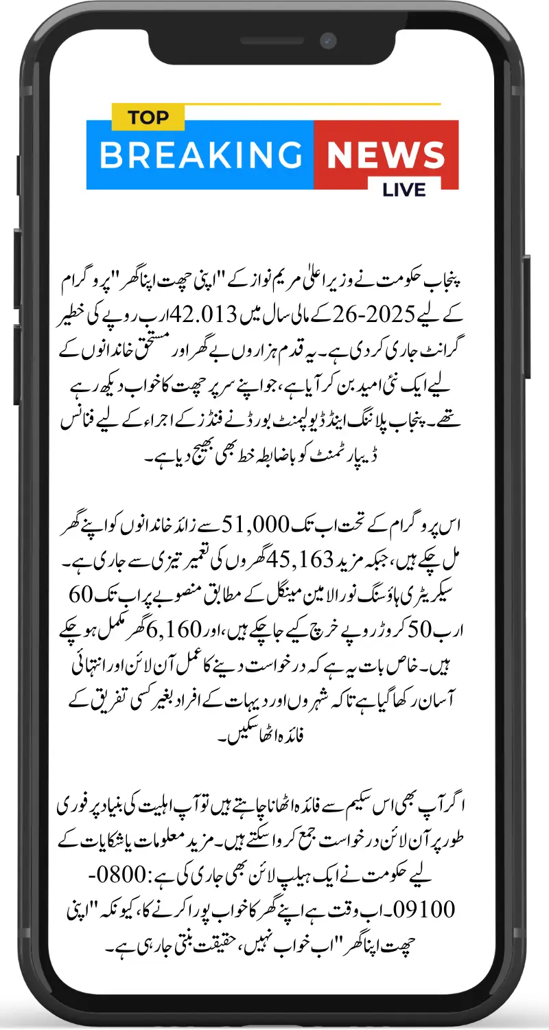 Punjab Govt Approves Rs. 42 Billion Grant  For Apni Chhat Apna Ghar Program 2025-26 - Here’s How To Apply?